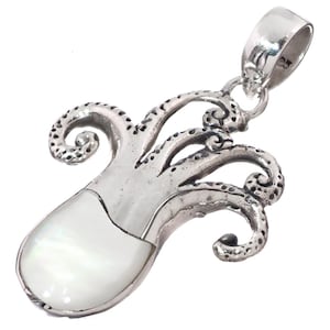 1 9/16&quot; Octopus White Mother Of Pearl Squid 925 Sterling Silver Pendant
