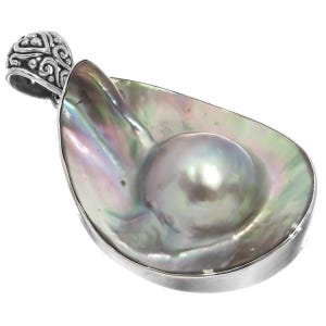 1 3/4&quot; Pear Mabe Blister Pearl Shell 925 Sterling Silver Pendant