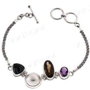 Lavish Amethyst Smokey Quartz Onyx Mabe Pearl 925 Sterling Silver Bracelet