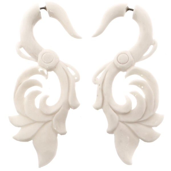 2 7/16" Fake Gauge White Bone Tribal Carving Flower Ethnic Style Post Earrings