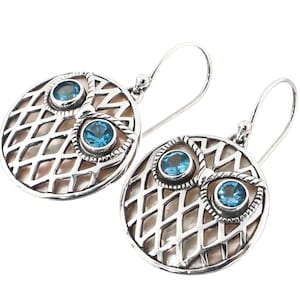 3/4&quot; Owl Swiss Blue Topaz Eyes Mother Of Pearl 925 Sterling Silver Earrings