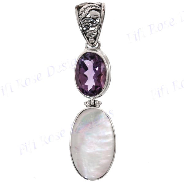 2 5/16" Mother Of Pearl Shell Amethyst Sterling Silver Pendant