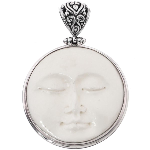 1 3/4" Hand Carved Bali Moon Sun Goddess Bison Bone 925 Sterling Silver Pendant