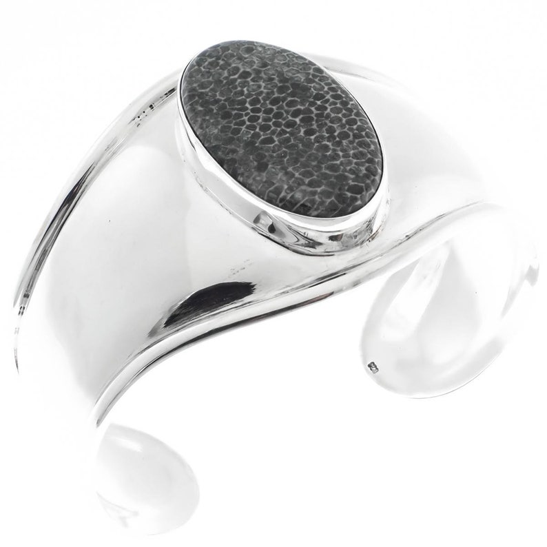 1 34 Wide Black Fossil Coral 925 Sterling Silver Cuff Bracelet
