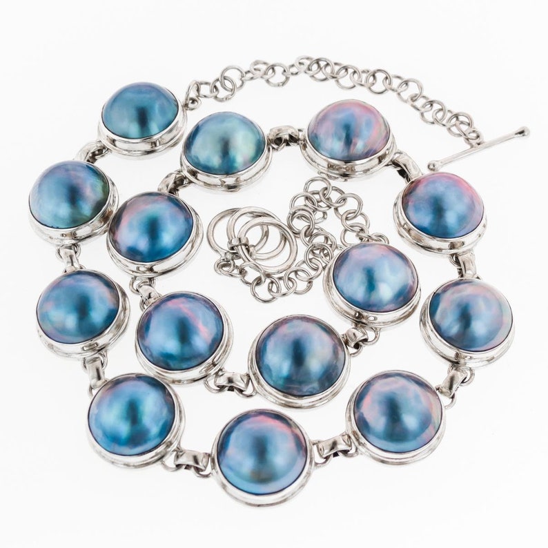 14 Stunning Blue Mabe Pearl Strand 925 Sterling Silver Necklace