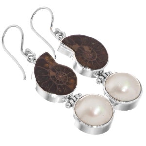 1 9/16&quot; Stunning Ammonite Fossil White Mabe Pearl Sterling Silver Earrings