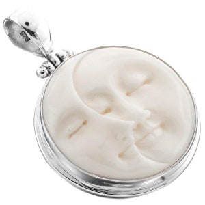 1 1/2&quot; Hand Carved Moon And Sun Goddess Bison Bone 925 Sterling Silver Pendant
