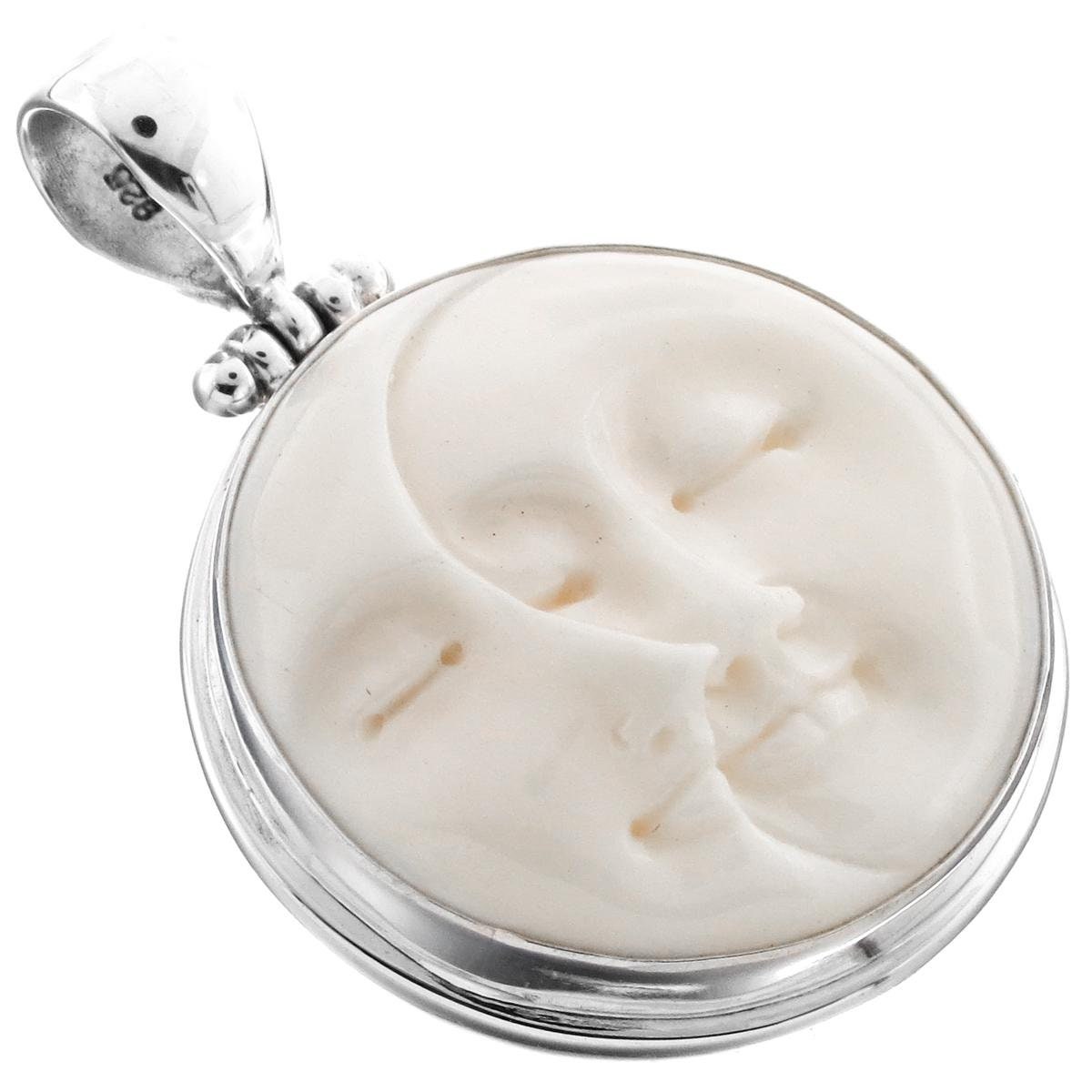 925 Silver Handcarved Eagle Head Bison Bone Bovine Sterling Pendant, 1 1/4&quot