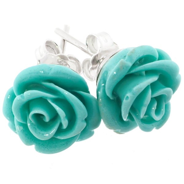 7/16" Turquoise-tone Rose Flower 925 Sterling Silver Post Earrings