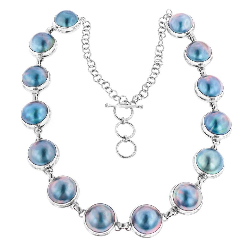 14 Stunning Blue Mabe Pearl Strand 925 Sterling Silver Necklace