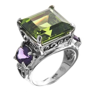 Handgemaakte 7 kt peridot en amethist 925 sterlingzilveren cocktailring