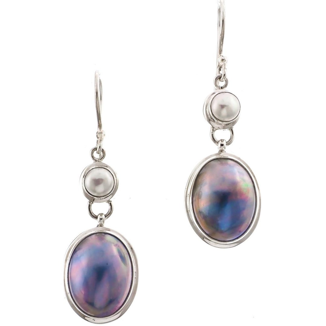 1 3/16 Oval Pacific Blue Mabe Pearl 925 Sterling Silver Drop Earrings ...
