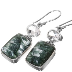925 Sterling Silver 8ct White Quartz Chatoyant Seraphinite Earrings, 1 7/16"