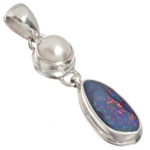 925 Sterling Silver Australian Opal White Freshwater Pearl Sterling Pendant, 1 1/4&quot;