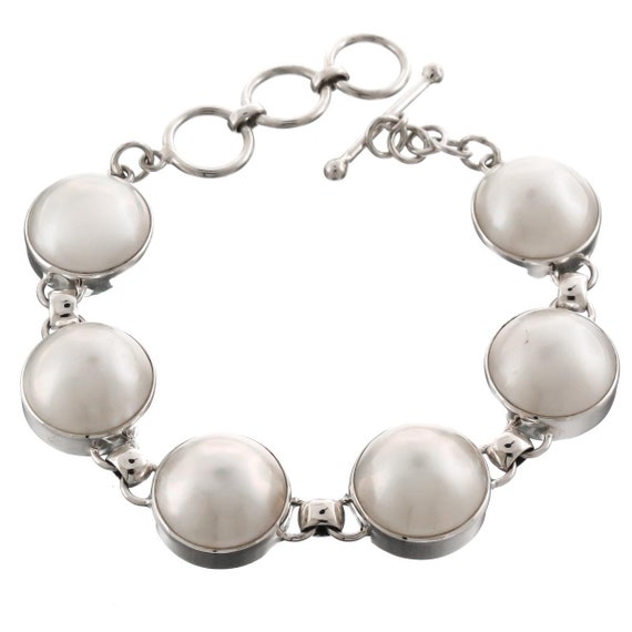 925 Sterling Silver 6 Link Pacific Ocean Genuine White Mabe Pearl