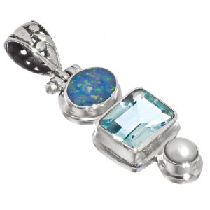 Blue Topaz Opal Freshwater Cultured Pearl 925 Sterling Silver Pendant, 1 1/2&quot;