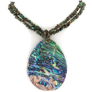 May include: Abalone shell pendant necklace with a teardrop shape, featuring iridescent blues, greens, and purples. The pendant is suspended from a double strand of small, irregularly shaped beads in shades of green and brown.