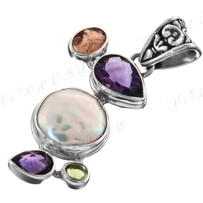 1 1116 Playful Tourmaline Amethyst Biwa Coin Pearl 925 Sterling Silver Pendant