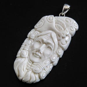 3&quot; Handmade Aztec Indian Chief Bison Bone 925 Sterling Silver Pendant