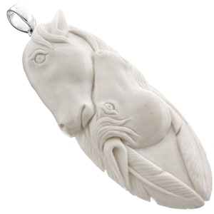 3 3/8&quot; Hand Carving Feather Horse Bison Bone 925 Sterling Silver Pendant