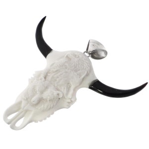 3&quot; Bison Skull Animals Motif Handcarved Bovine Bone 925 Sterling Silver Pendant