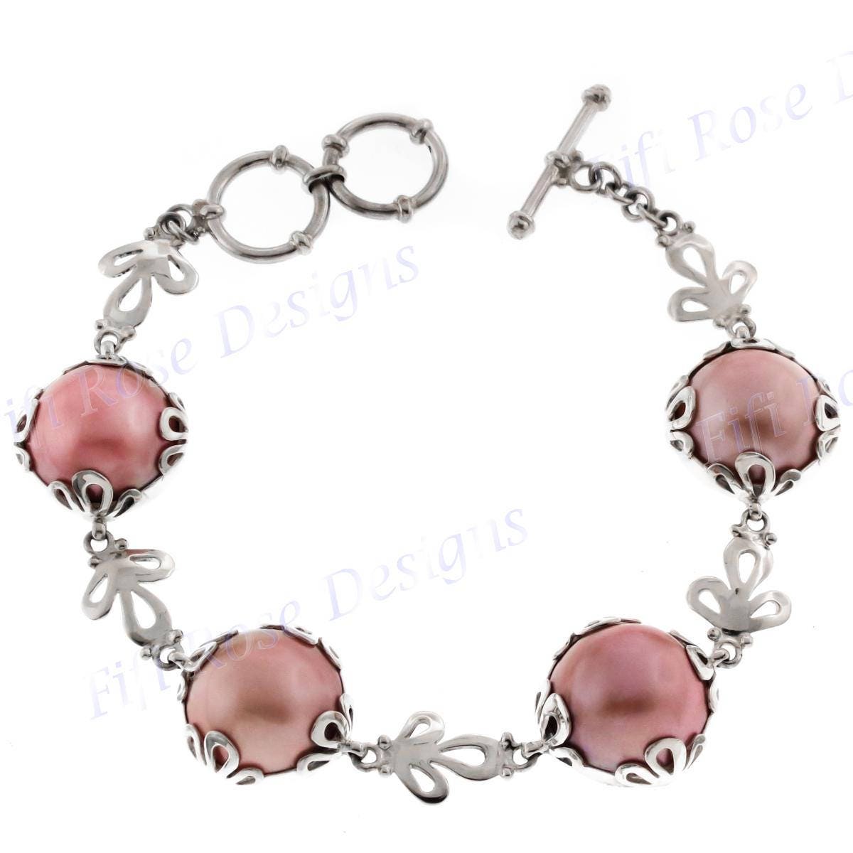 Special Price! Flower Motif Pink Mabe Pearl 925 Sterling Silver Bracelet