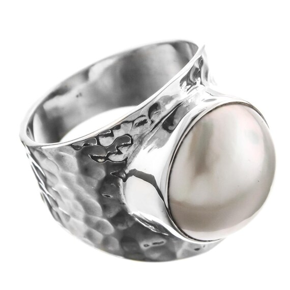 ホワイト マベ養殖真珠 バリ島 ハンドメイド ハンマー加工 925