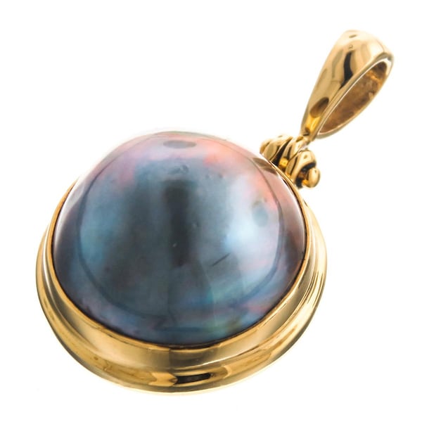 1 1/8" Pacific Blue Mabe Pearl 24k Gold Vermeil 925 Sterling Silver Pendant