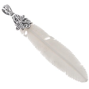 925 Sterling Silver Hand Carved Bison Bone Feather Scrollwork Sterling Pendant, 3 1/8"