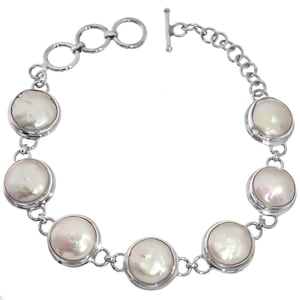 925 Sterling Silver Lusterous White Freshwater Coin Pearl Sterling Bracelet, 7&quot;-8&quot;