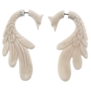 2 3/8&quot; Fake Gauge White Bison Bone Peacock Carving Post Earrings