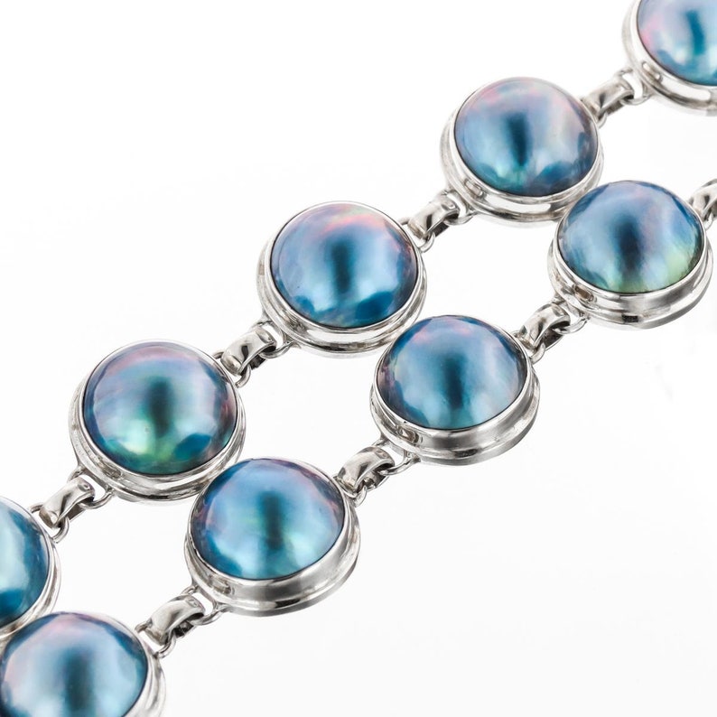 14 Stunning Blue Mabe Pearl Strand 925 Sterling Silver Necklace