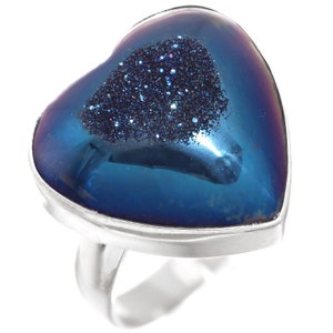 Heart Cobalt Blue Titanium Druzy Drusy Sterling Silver Adjustable Sz 9 Ring