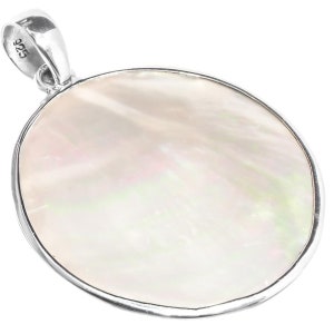 925 Sterling Silver Round Iridescent White Oyster Mother Of Pearl Shell Pendant, 1 1/8&quot;