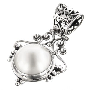 925 Sterling Silver Lusterous White Mabe Pearl Sterling Pendant, 1 5/8&quot;