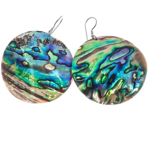 925 Sterling Silver Large Iridescent Round Paua Abalone Shell Sterling Earrings, 2&quot;
