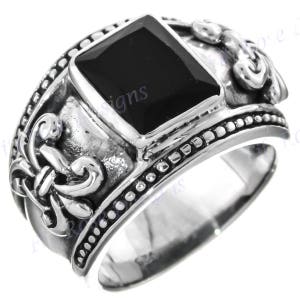 Onyx Fleur De Lis Design 925 Sterling Silver Band Ring, US 6.5, 7, 7.5
