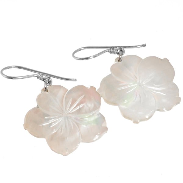 925 Sterling Silver Plumeria Flower Iridescent White Mother Of Pearl Shell Earrings, 1"