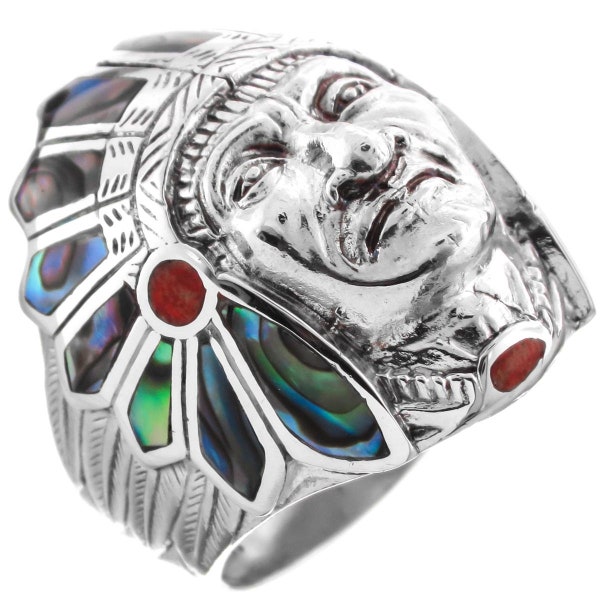 Mens Indian Chief Motorcycle Biker Paua Abalone 925 Sterling Silver Ring Sz 9-13