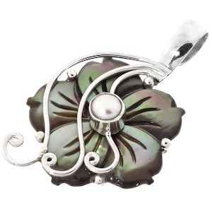 925 Sterling Silver Black Mother Of Pearl Shell Flower Pearl Sterling Pendant, 1 3/4&quot;