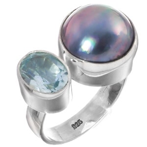 5/8&quot; Wide Blue Topaz Blue Mabe Cultured Pearl 925 Sterling Silver Ring