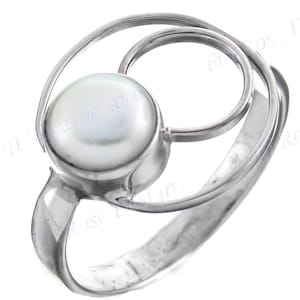 White Freshwater Button Cultured Pearl 925 Sterling Silver Ring, US 5.5-9