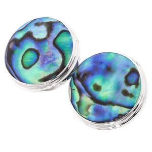 May include: A pair of round, silver-toned earrings with a blue, green and black abalone shell inlay.