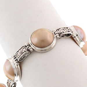 7-8&quot; Filigree Link Gold Mabe Ocean Cultured Pearl 925 Sterling Silver Bracelet