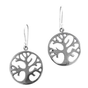May include: A pair of silver earrings with a tree of life design. The earrings are made of sterling silver and have a circular shape.