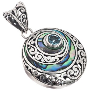 925 sterlingzilveren Paua handgemaakte Bali filigraan rolwerk kegel schelp designhanger, 2"