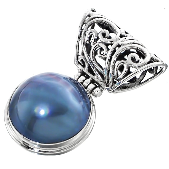 1 1/2" 925 Sterling Silver 12mm Blue Mabe Pearl Sterling Pendant