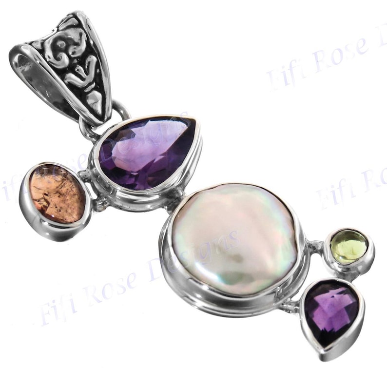 1 1116 Playful Tourmaline Amethyst Biwa Coin Pearl 925 Sterling Silver Pendant