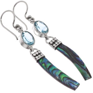 925 Sterling Silver Shimmering Blue Topaz Paua Abalone Shell Drop Earrings, 1 7/8&quot;