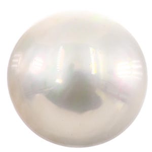 May include: A single spherical pearl with a smooth, lustrous surface. The object features a creamy white color with subtle iridescent highlights and reflective qualities that create bright light spots across its rounded, polished exterior.